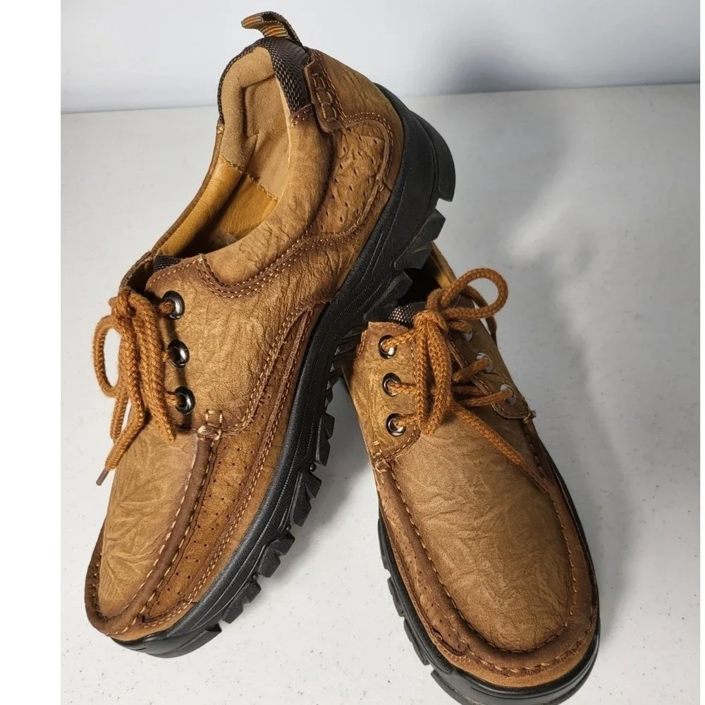 Fashion Mens Brown Textured Leather Moc Toe Oxford Hiking Shoes Lug Sole Brown